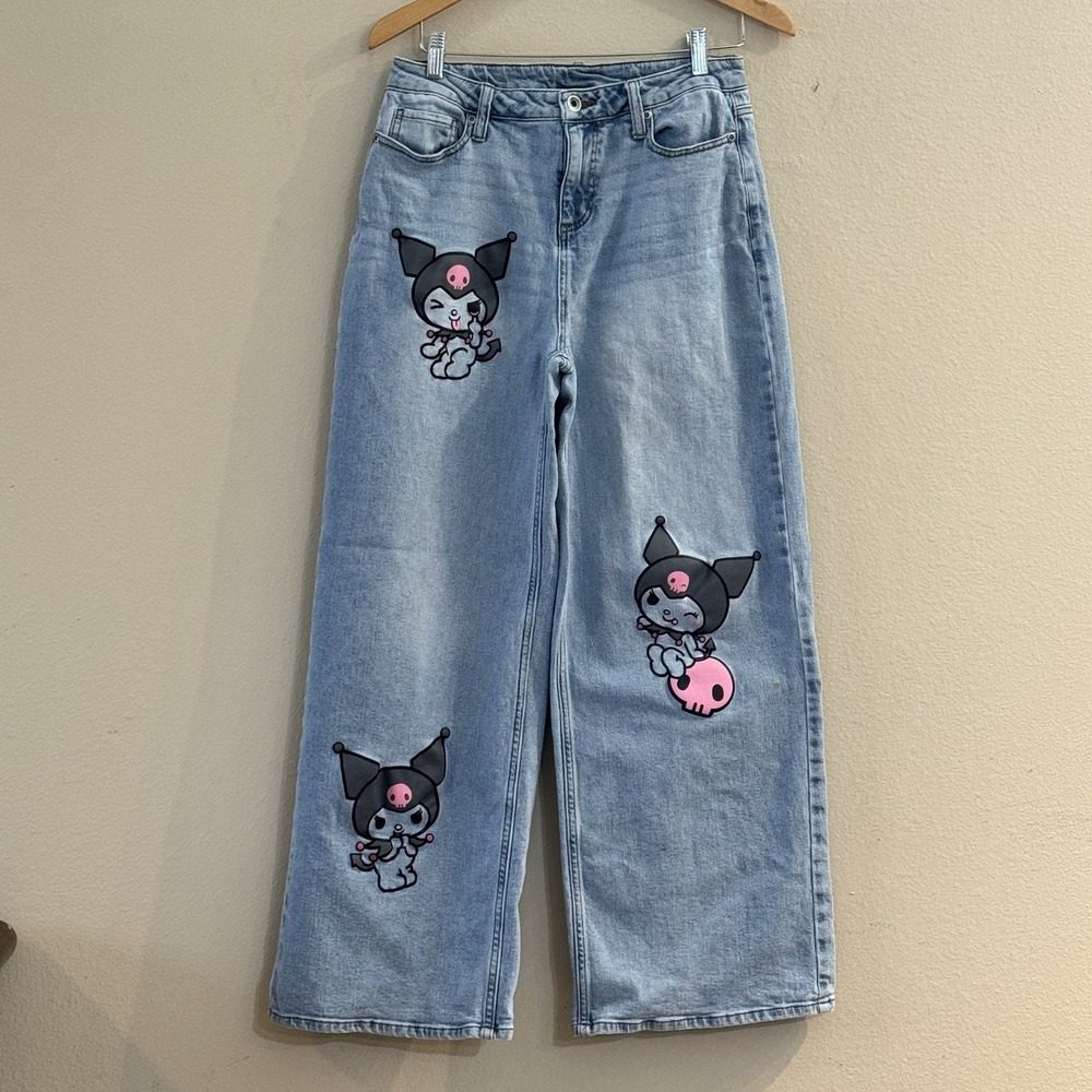 Hot Topic Kuromi Sanrio Jeans Womens 7 Wide Leg Graphic Light Wash Denim